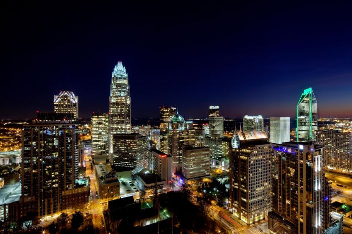 Close-in photo of Charlotte NC skyline at sunset